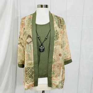 Dressbarn Vtg Womens M Top Tunic Green Layer Look Crinkle Removeable Necklace #V